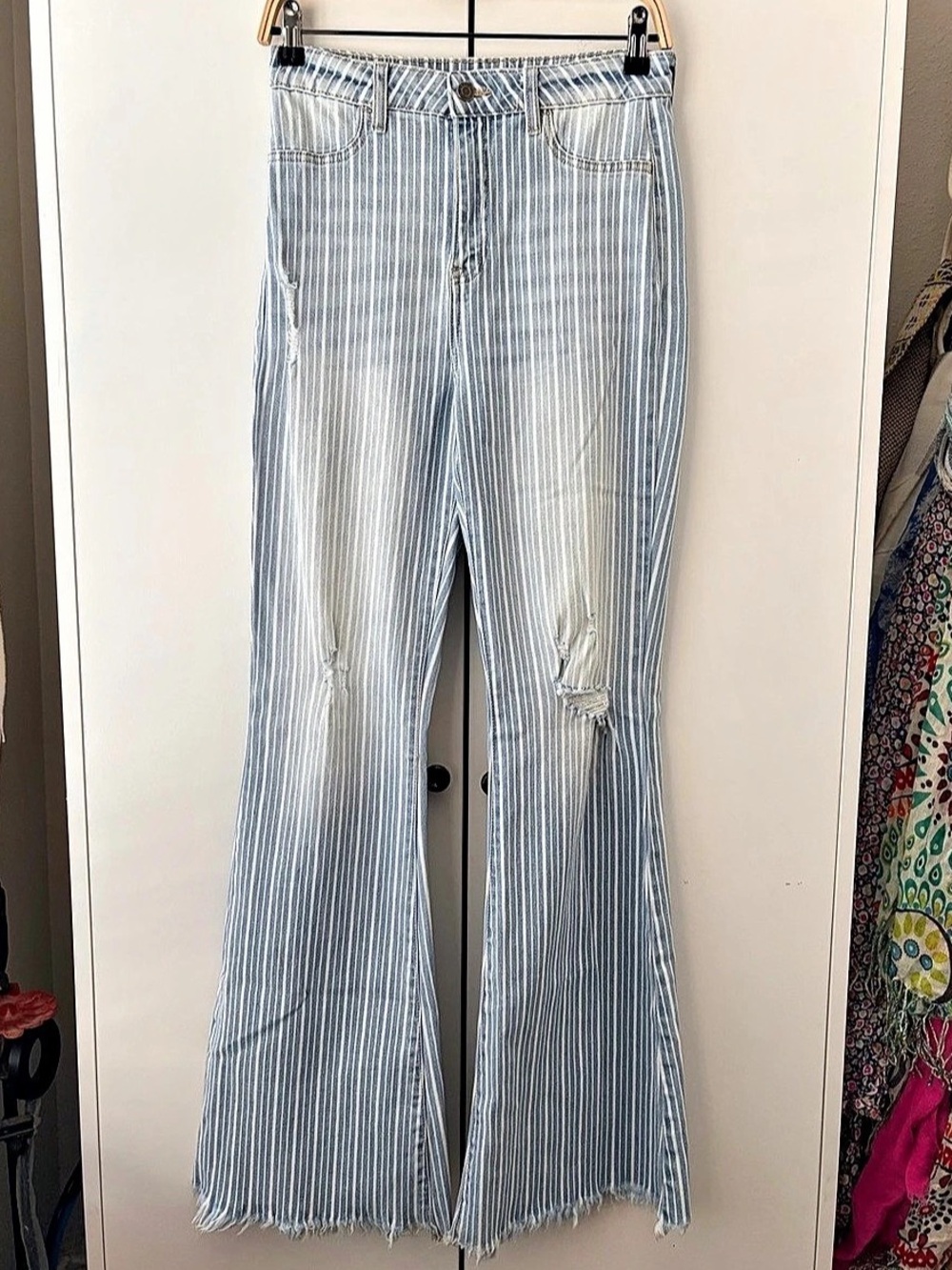 CELLO Striped Denim High Rise Flare Jeans Blue & White